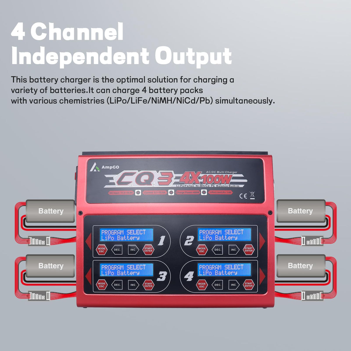 AmpGO CQ3 quad-charger LCD display shows status and settings.
