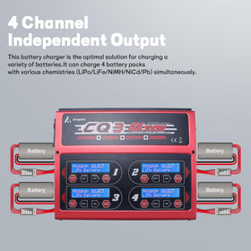 AmpGO CQ3 quad-charger LCD display shows status and settings.