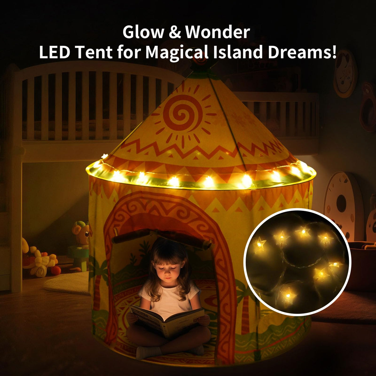 Amplov tent palm trees design providing tropical mood for pretend play.