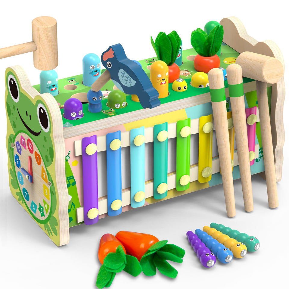 Amtreen mole-tapping wooden toy showing hand-eye coordination in action.