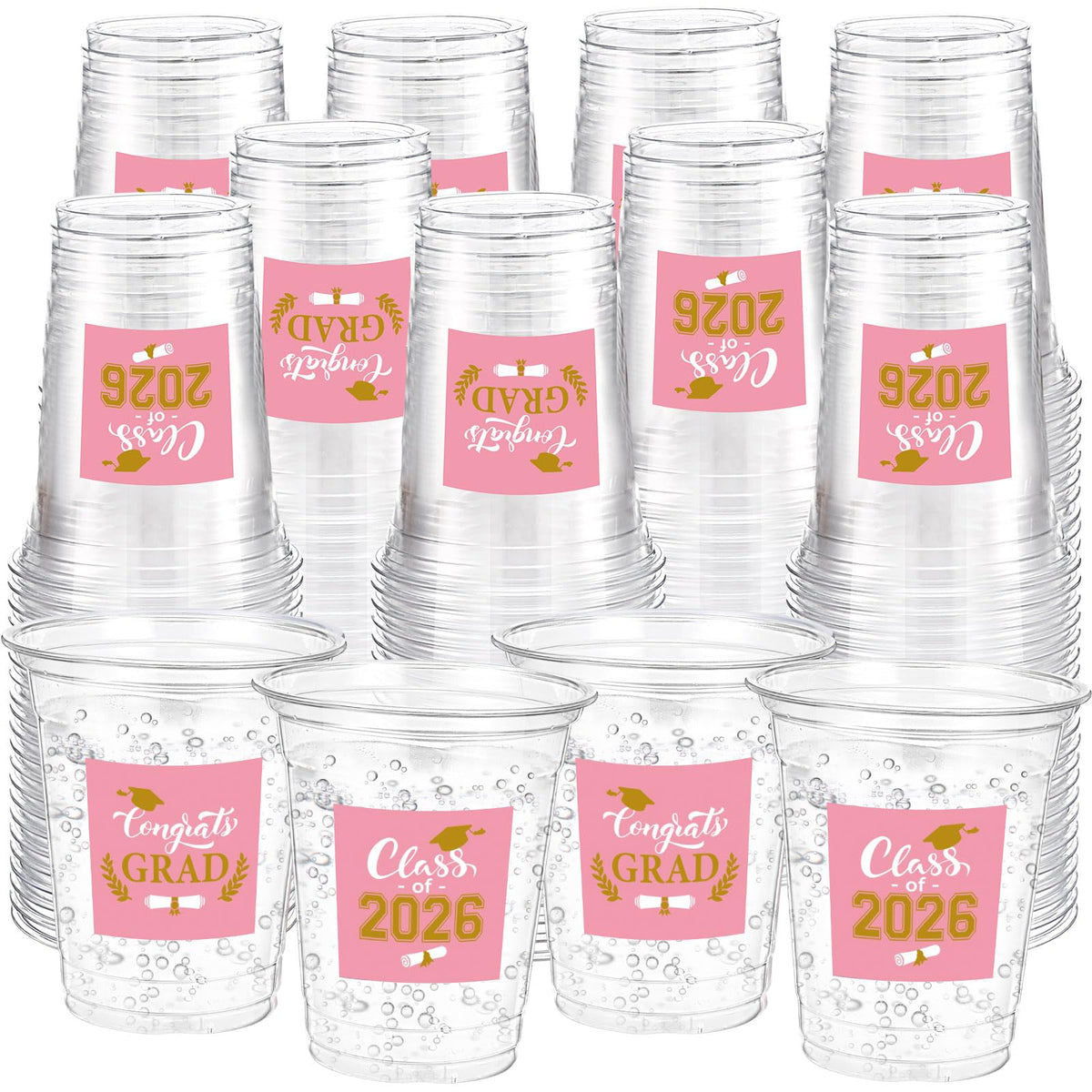 Amyhill pink 12 oz graduation cups in two styles for elegant party tables