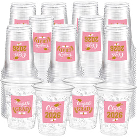 Amyhill pink 12 oz graduation cups in two styles for elegant party tables