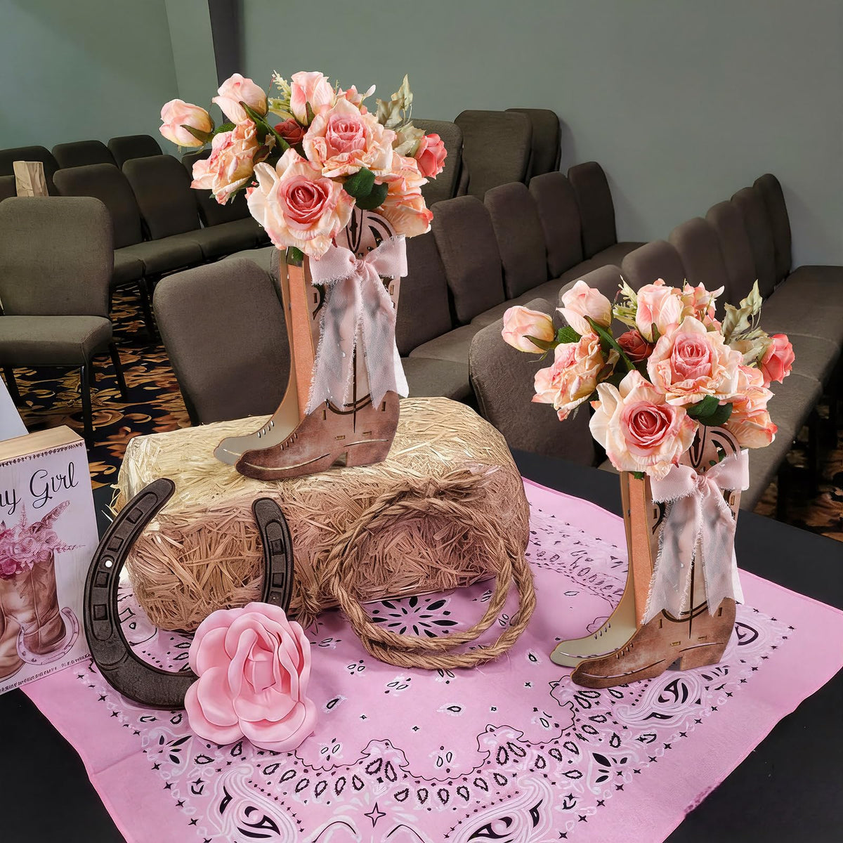 Amyhill pink western party boxes hold candies, cookies, or prizes.