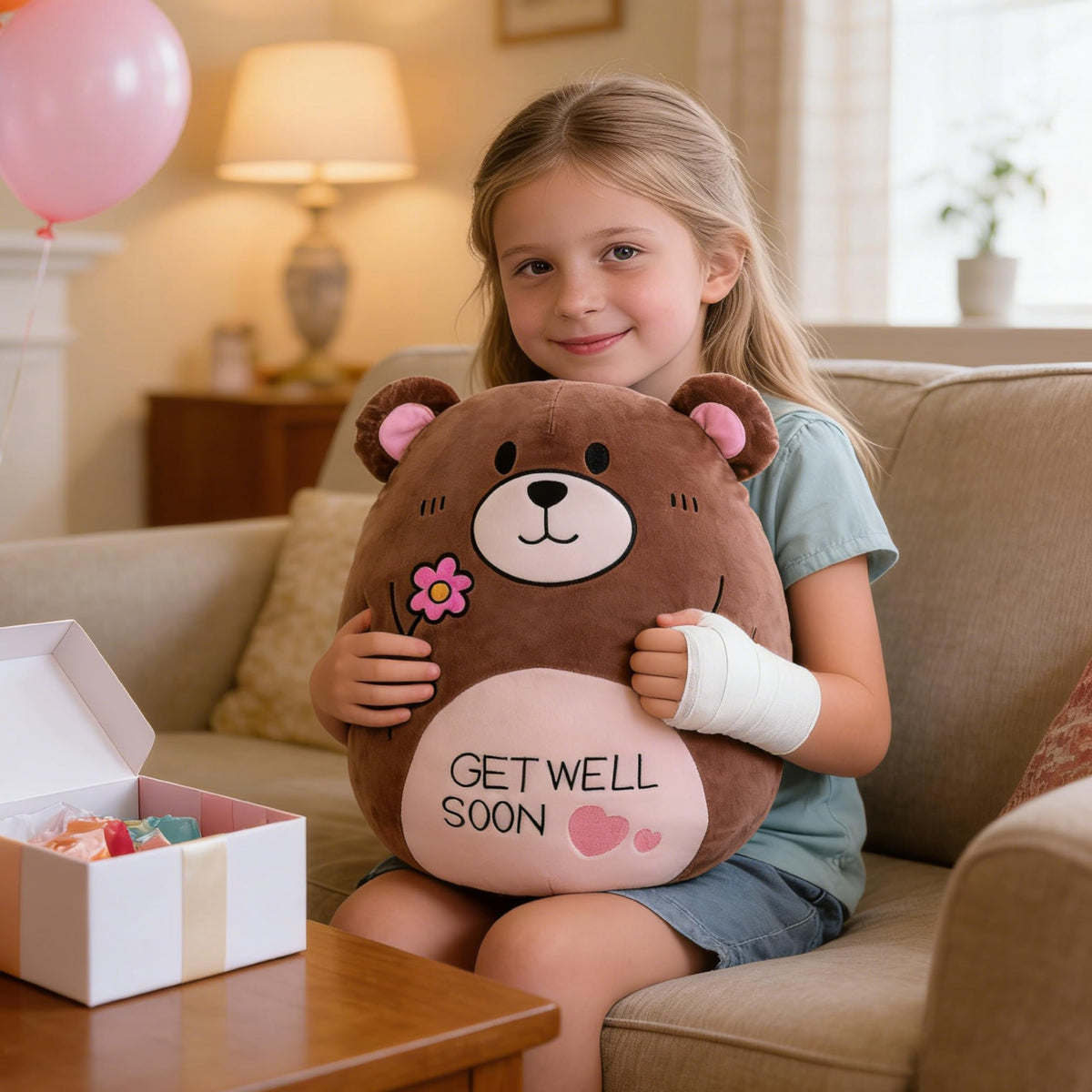 AmyToo fourteen-and-a-half-inch teddy serves as a versatile bedside cuddle buddy.