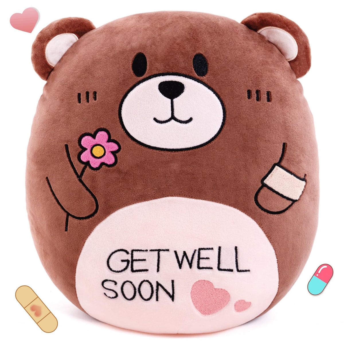 AmyToo Get Well Soon teddy bear pillow with flower, a comforting bedside companion.