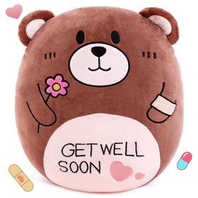 AmyToo Get Well Soon teddy bear pillow with flower, a comforting bedside companion.