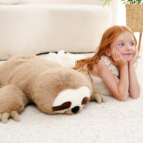 AmyToo weighted sloth cuddles as a listening companion.