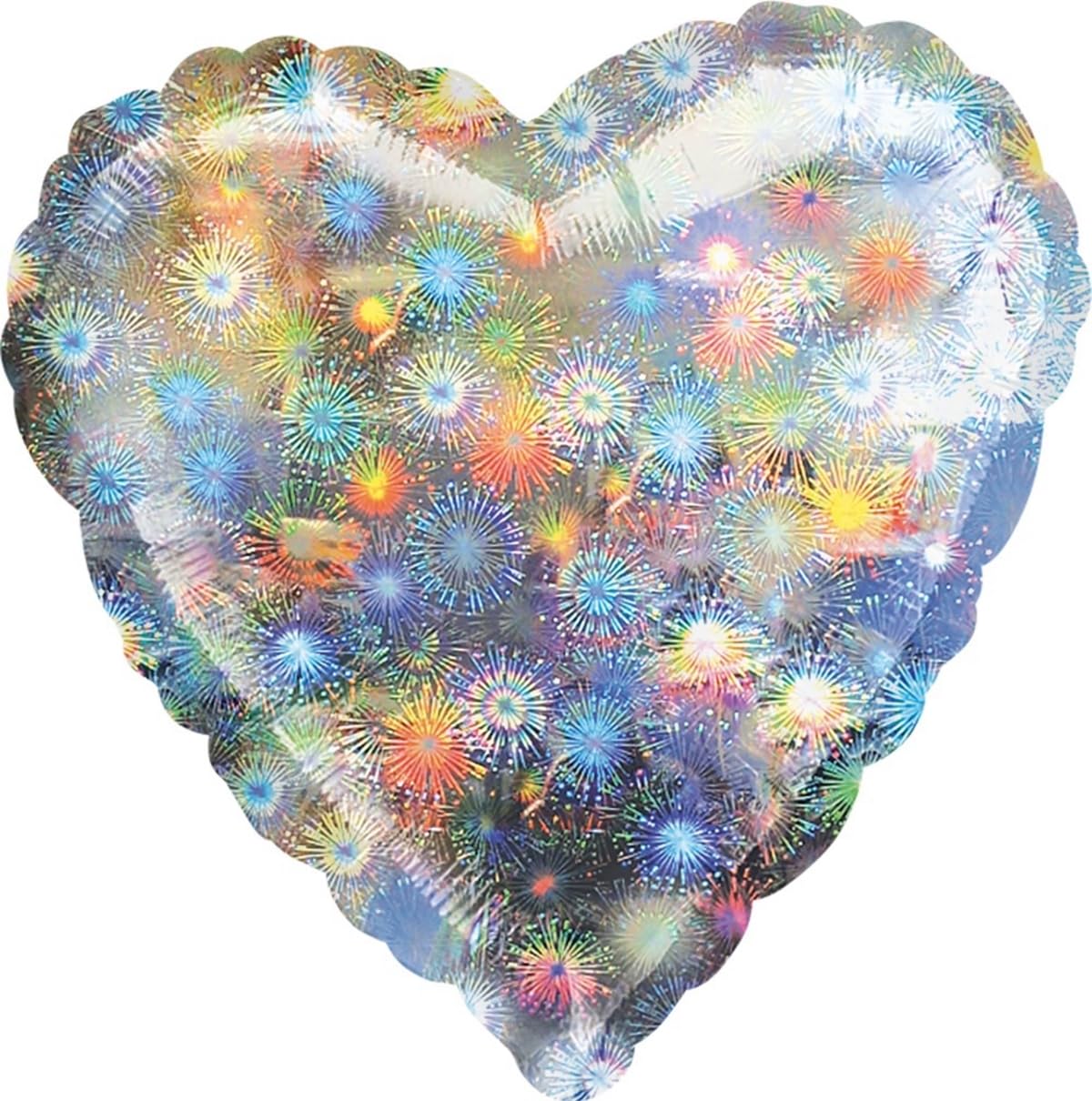 Anagram 18in holographic Fireworks Heart foil balloons add shine and festive depth.