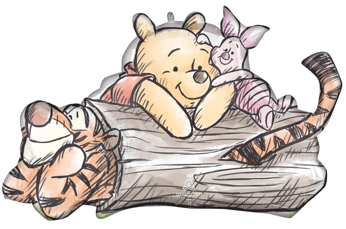 Anagram Pooh and Friends 31-inch log-shaped foil balloon enhances photo backdrops.