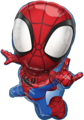Anagram Spidey friends 17-inch foil balloons add vibrant accents to the decor.
