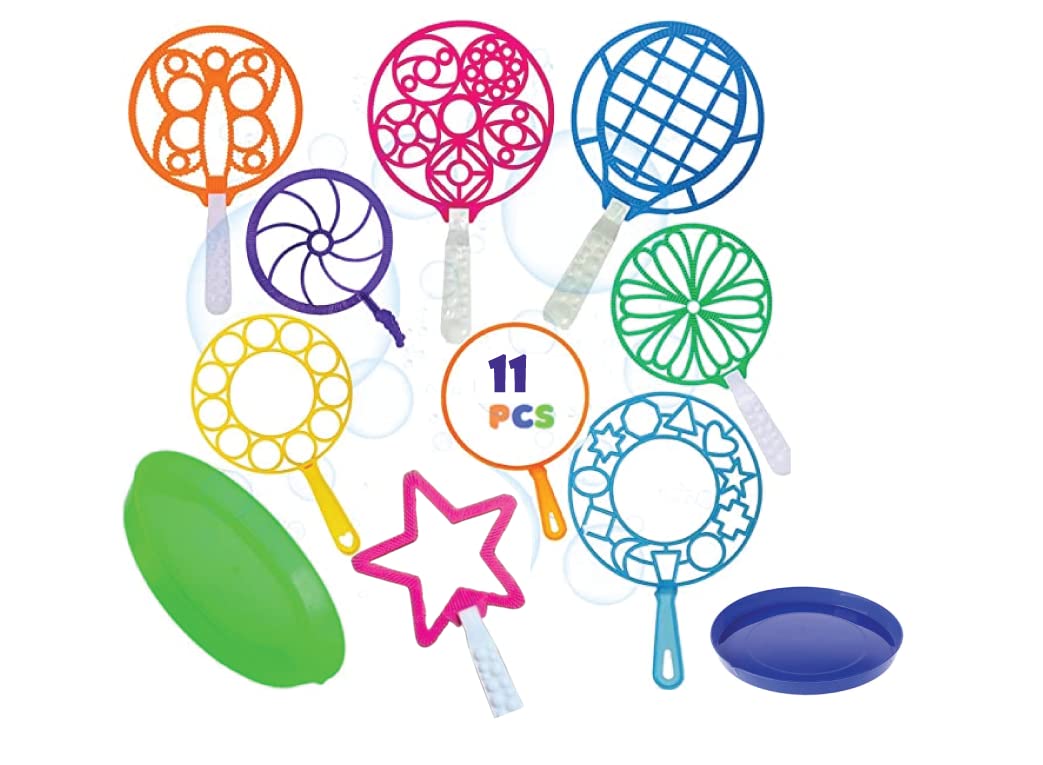 Anas 11pc bubble wands set with tray for easy dipping, ideal for outdoor play.