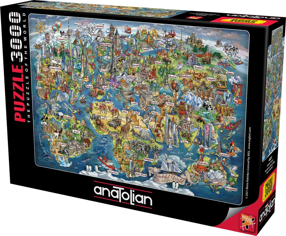 Anatolian puzzle world map 3000-piece close-up pieces showcase bright colors for vivid focus