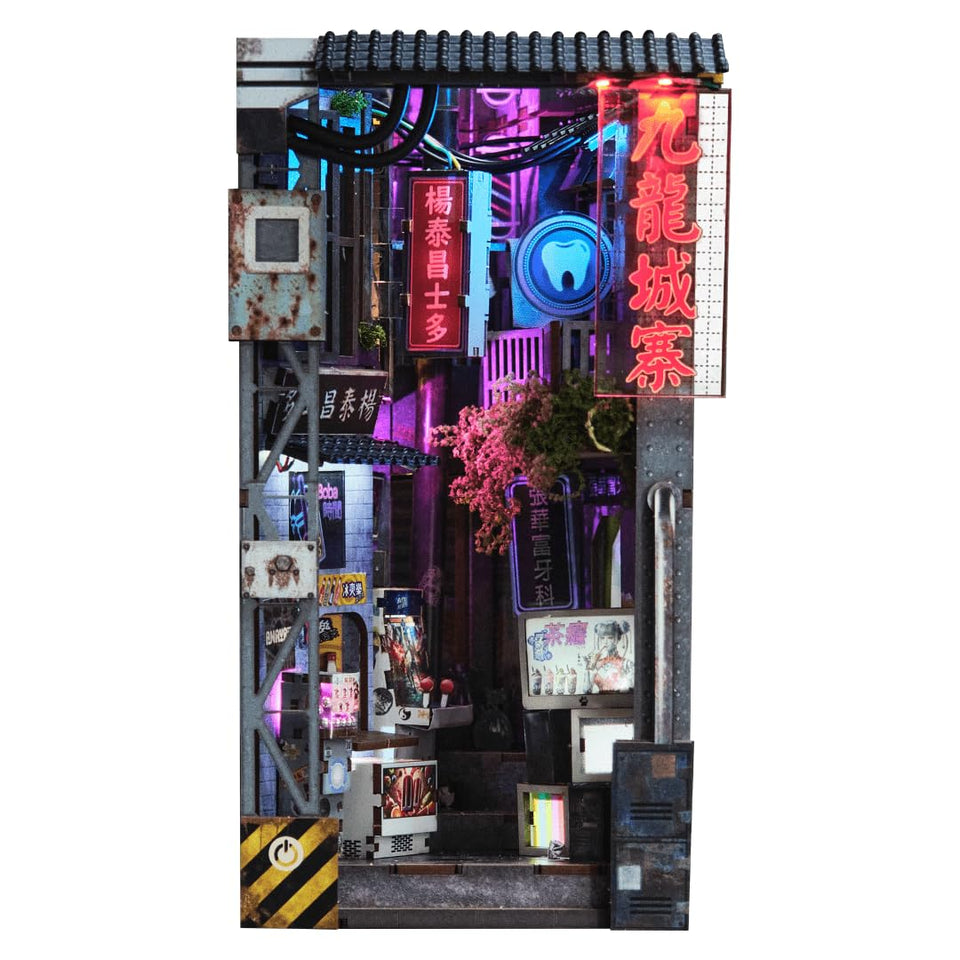 Anavrin Book Nook Kit Kowloon assembly scene shows detailed alleyways for stylish shelf decor.