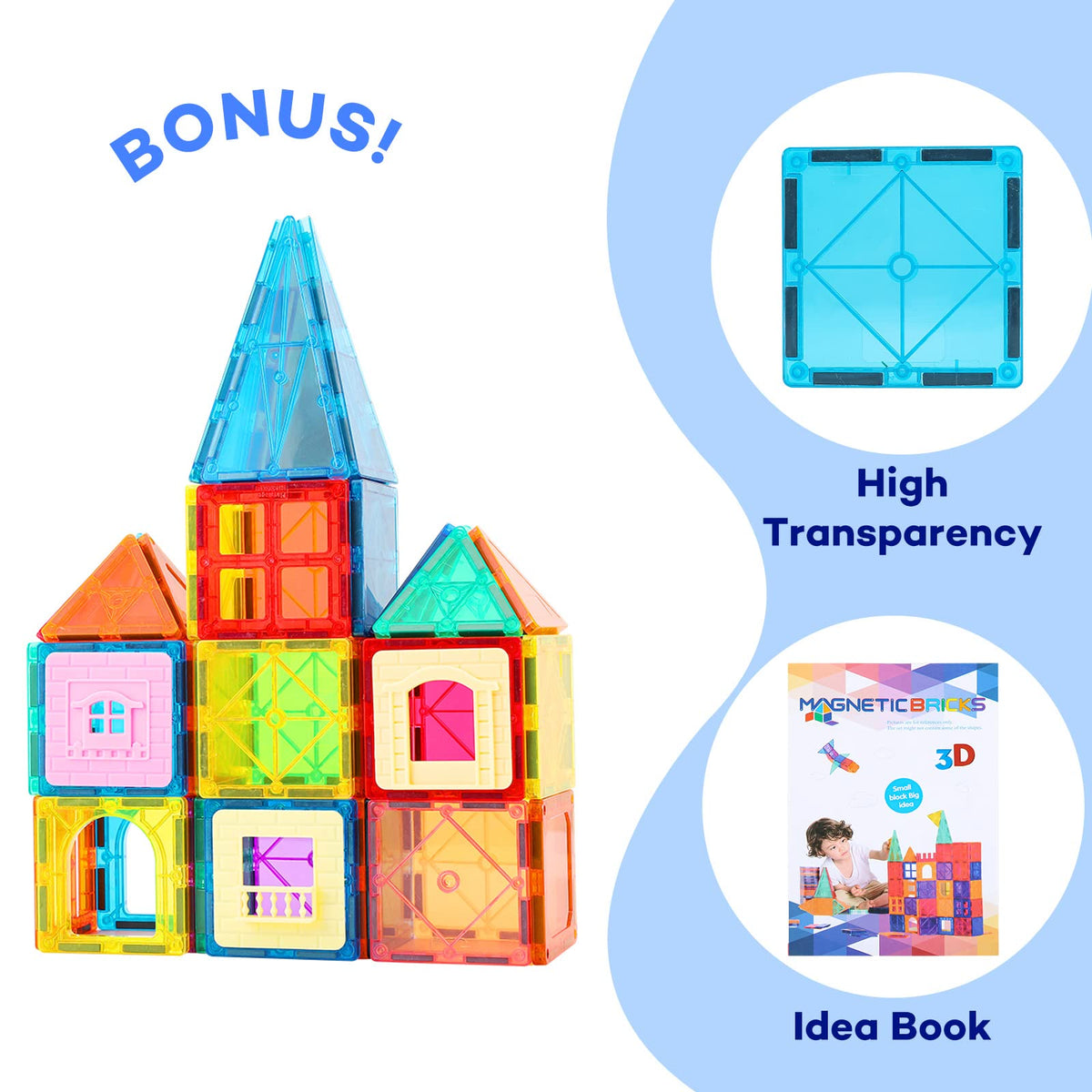 Anbalulu magnetic tiles colorfully arranged to spark imaginative construction play.