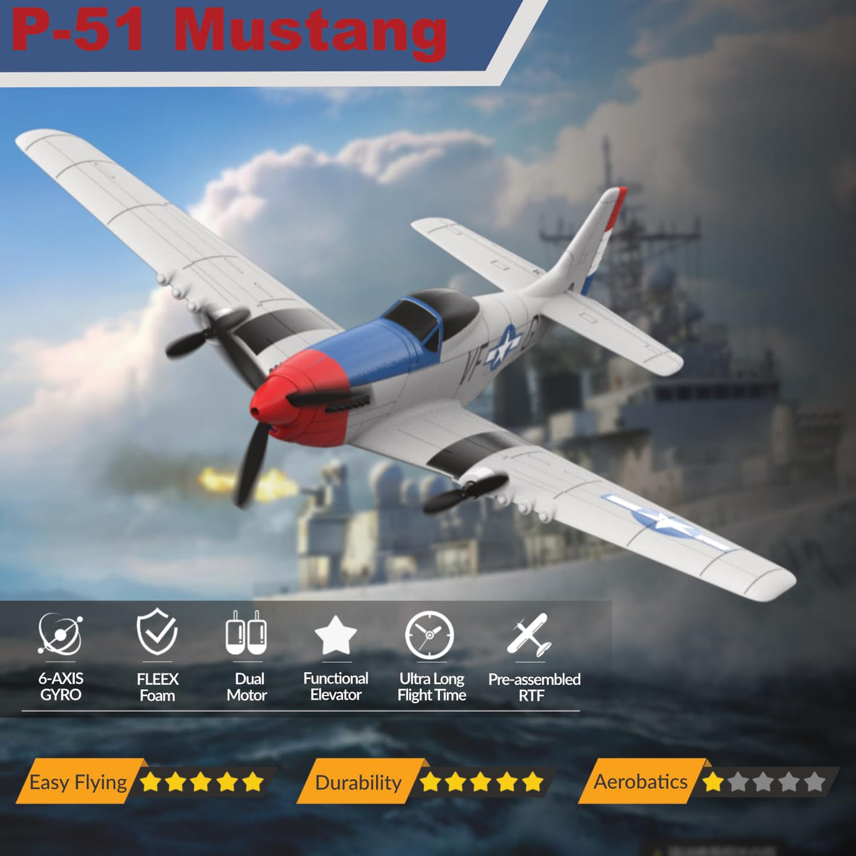 ANBURI P51 RC plane side view highlights easy handling for new pilots.