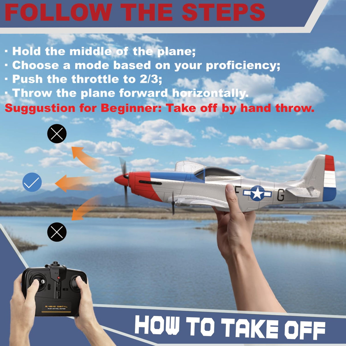 ANBURI P51 RC plane top view showcases compact, ready-to-fly profile.