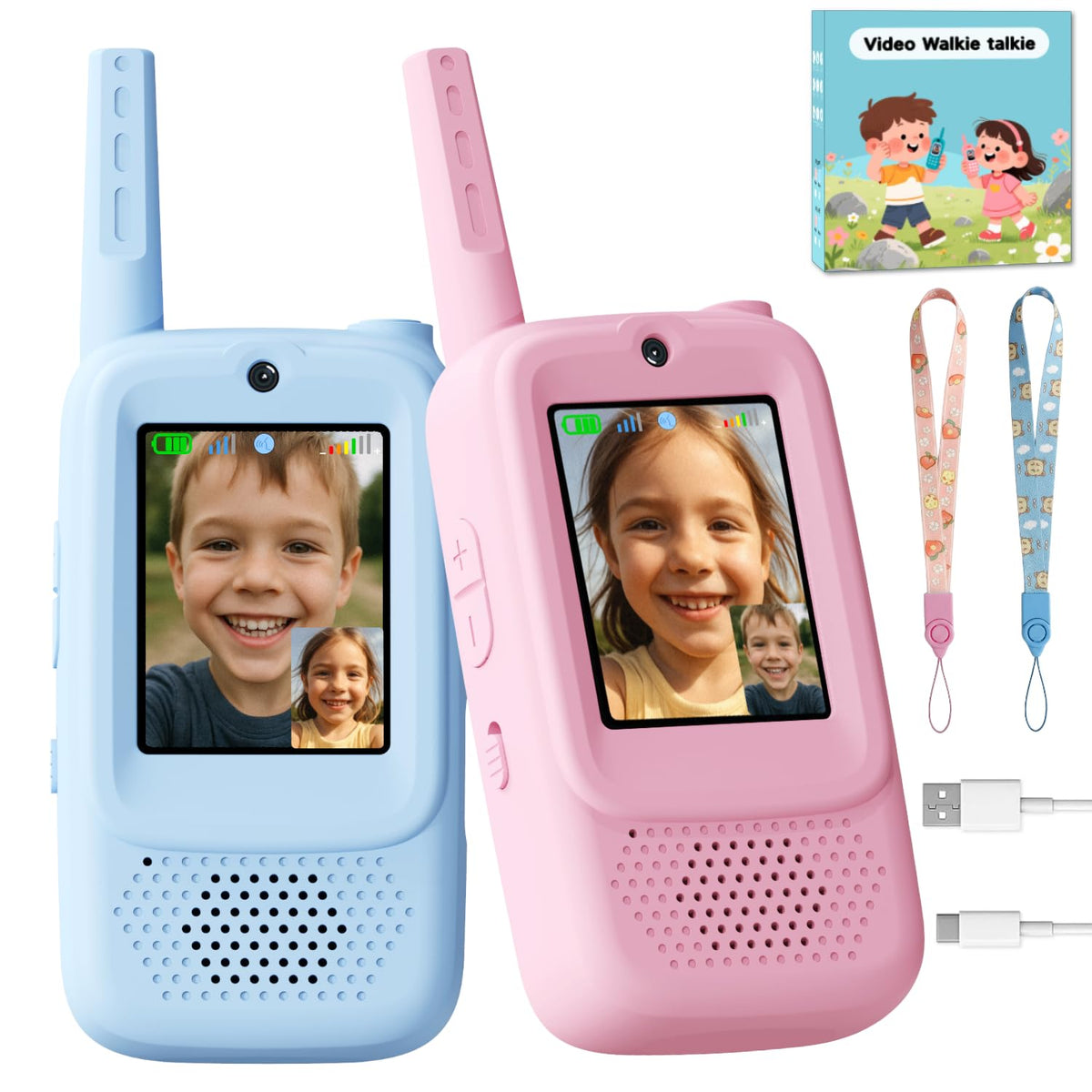 ANBURI video walkie-talkie blue front view for kids, clear live video for adventures