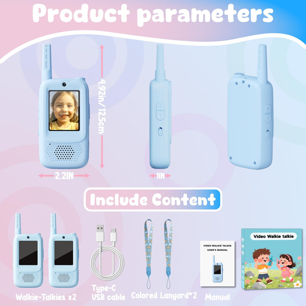 ANBURI video walkie talkie blue lightweight handheld for kids