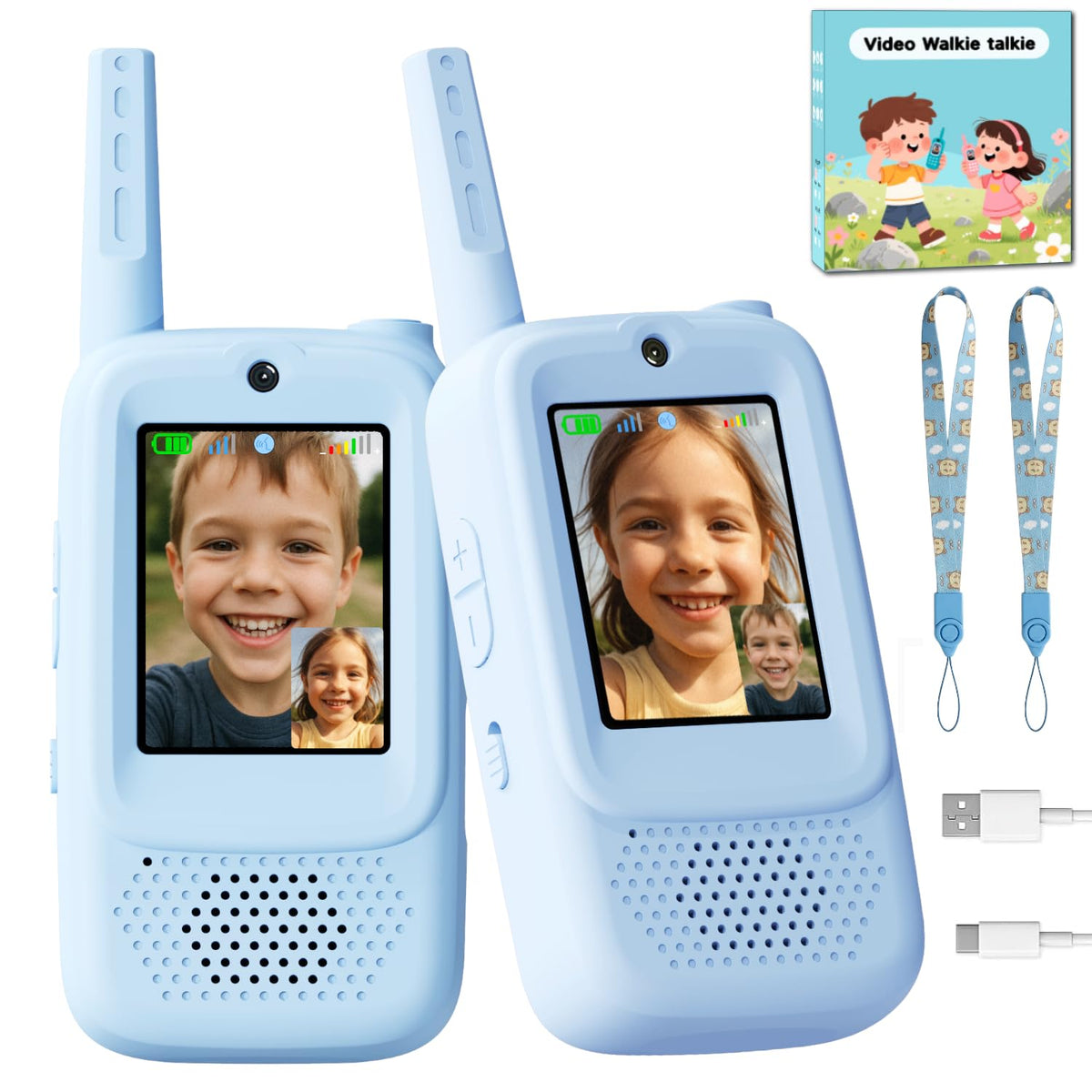 ANBURI video walkie talkie blue set front view enabling synchronized play