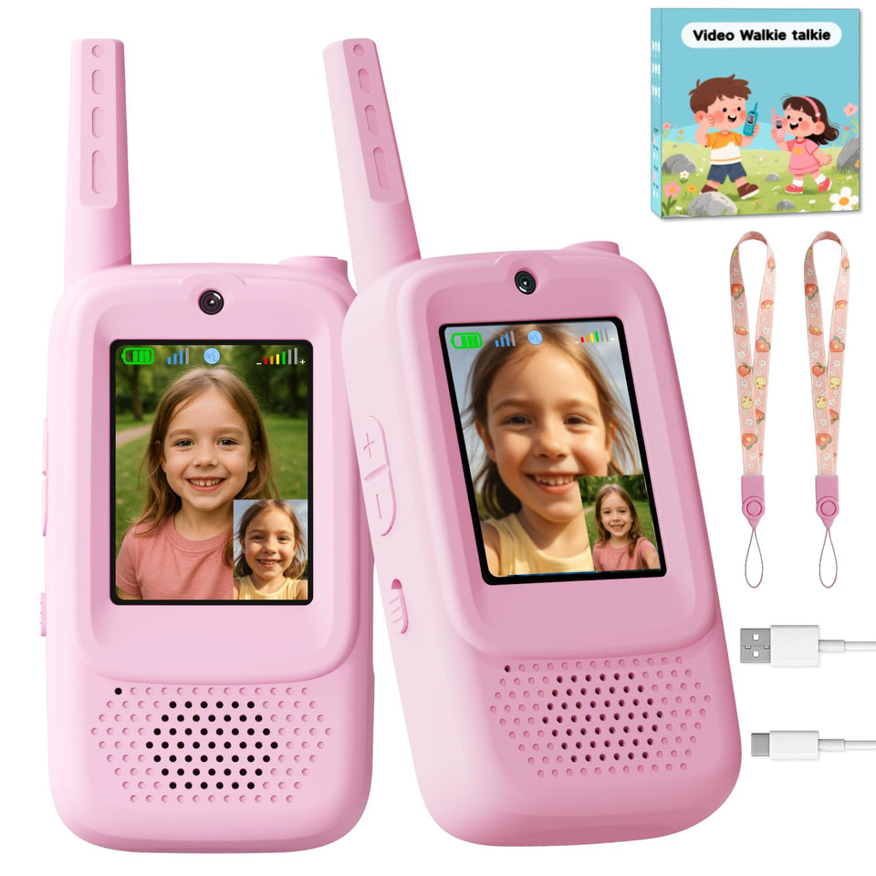 ANBURI video walkie talkies pink front view for real-time play conversations
