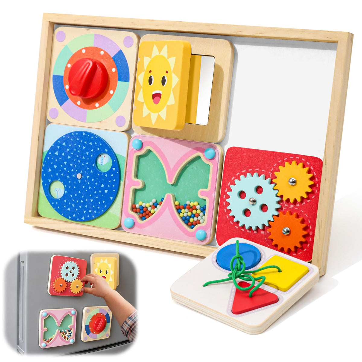Ancaixin 6-in-1 Busy Board with magnetic tiles for early fine motor skills