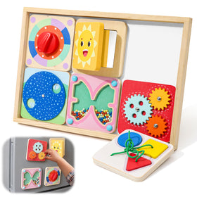 Ancaixin 6-in-1 Busy Board with magnetic tiles for early fine motor skills