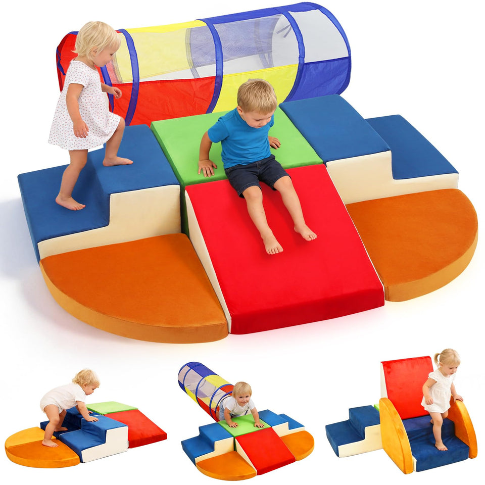 Ancaixin 7-piece foam climbing blocks with crawl tunnel arranged for indoor play and exploration