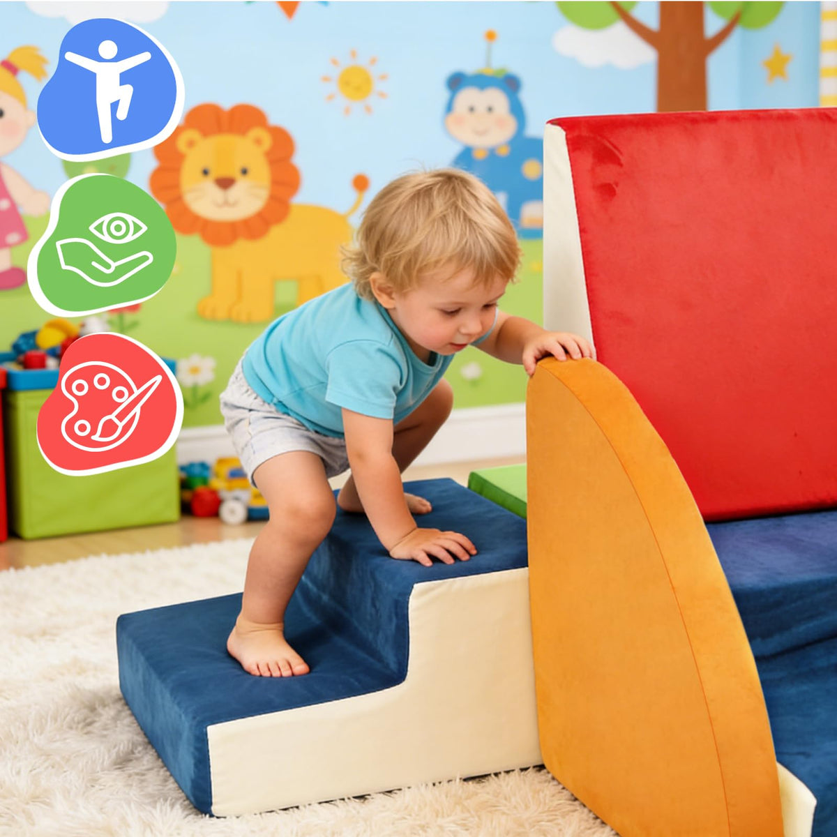 Ancaixin toddler playing on a soft climbing structure with blocks