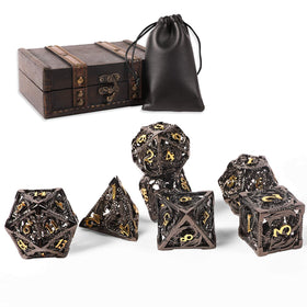 AncientDeer hollow copper DND dice set 7-piece on table ready for gaming
