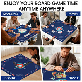 Ancivon table mat in use during game night with mahjong and cards.