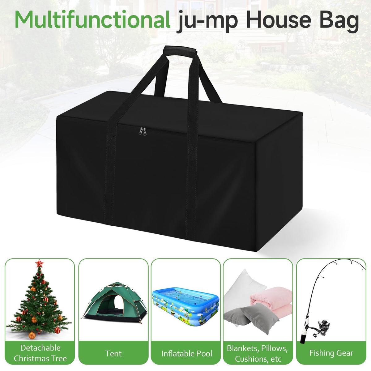 Andacar Bounce House Storage Bag adjustable buckles optimize space for different inflatables.