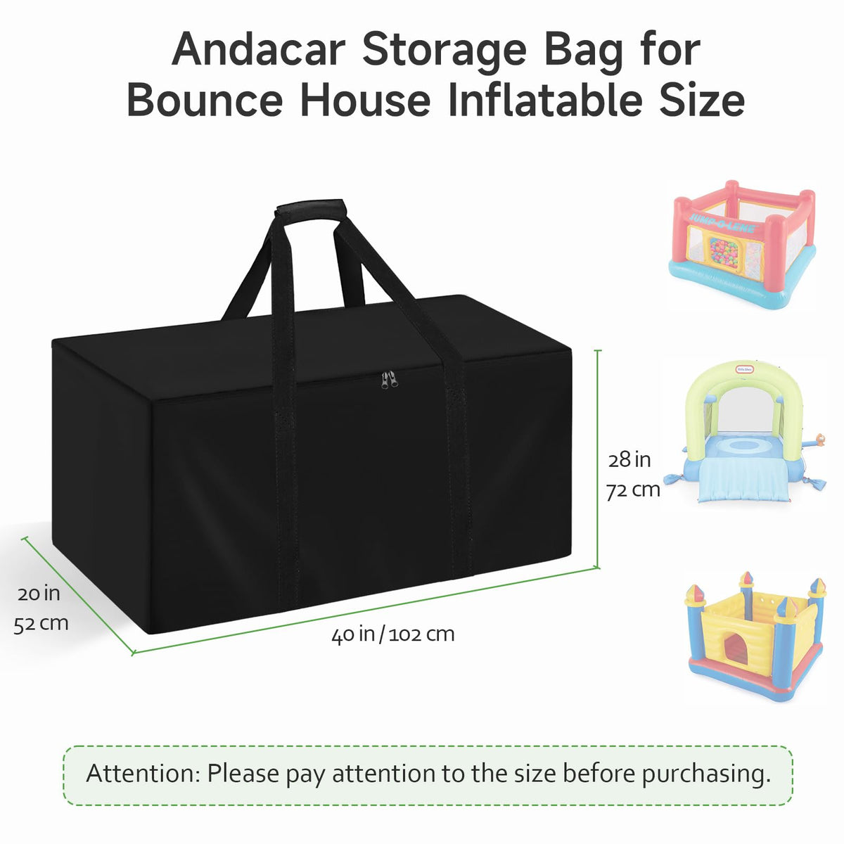 Andacar Bounce House Storage Bag handles ready for carrying and quick access.