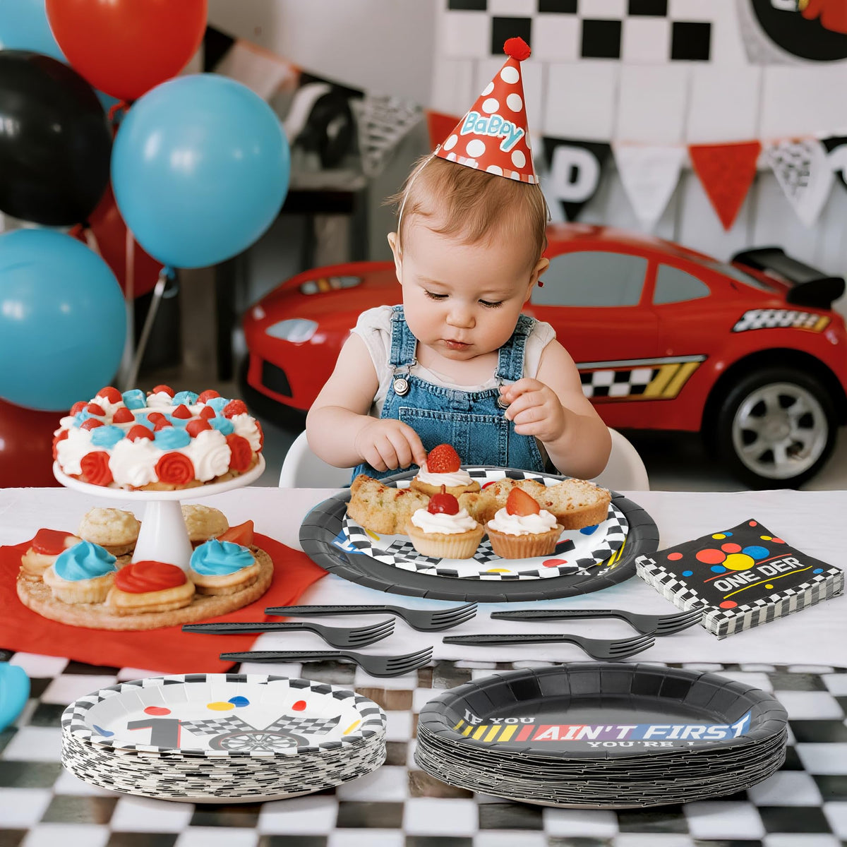Andi Cppss racing car first birthday decor design adds festive table styling