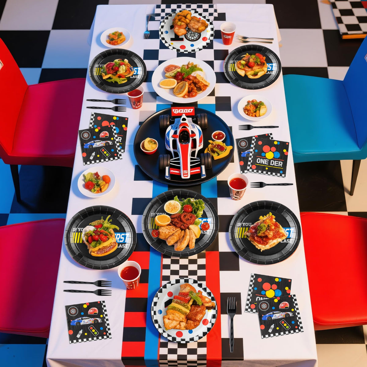 Andi Cppss racing car first birthday tableware set serves 24 guests efficiently