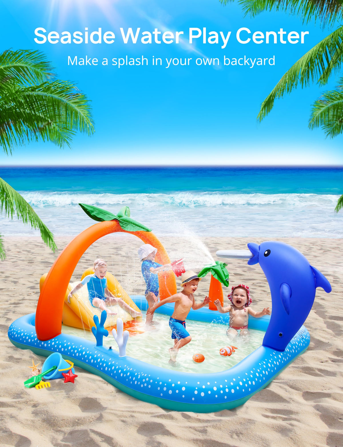 Andola Kiddie Pool coconut sprinkler arch cools sunny days
