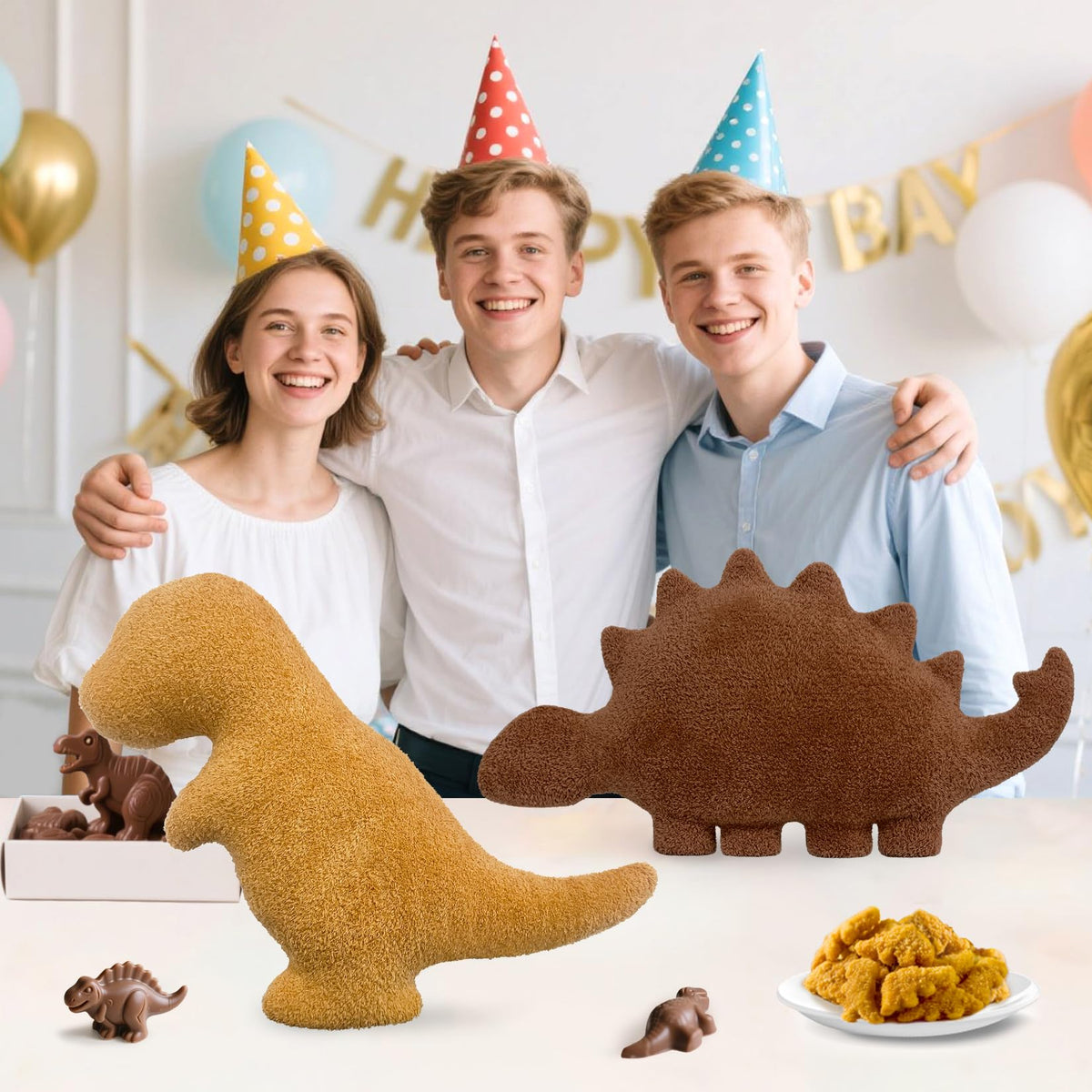 Andywoo Dino Nuggets Pillow chocolate bar detail adds playful decor and comfort.