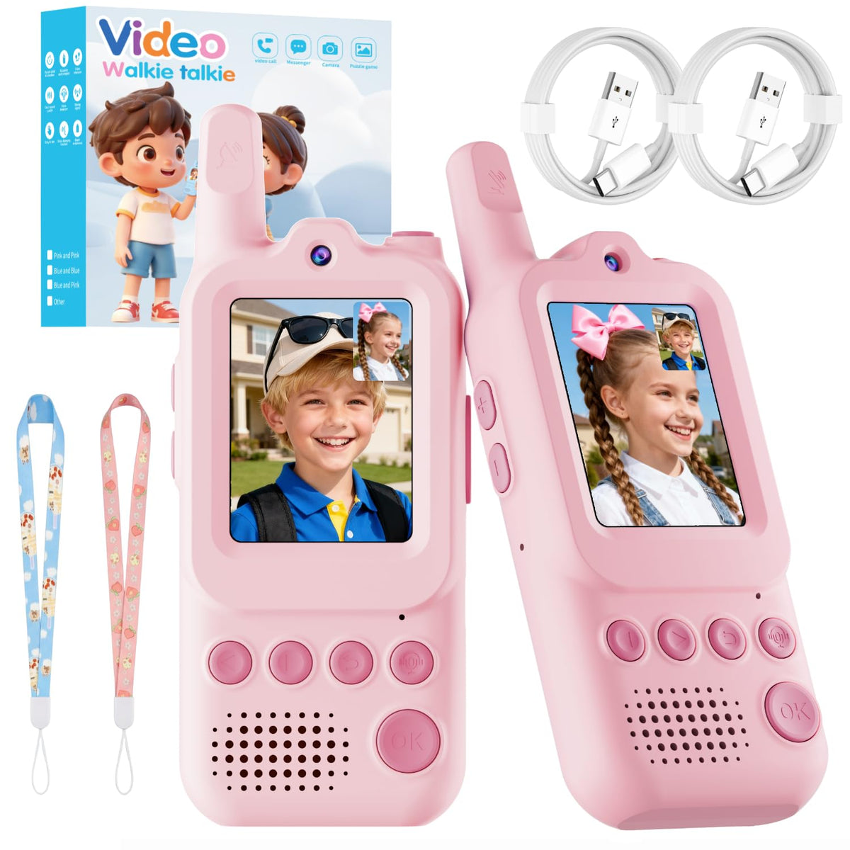 Anfrandce video walkie talkies for kids pink 2-pack with HD video for real-time chats.