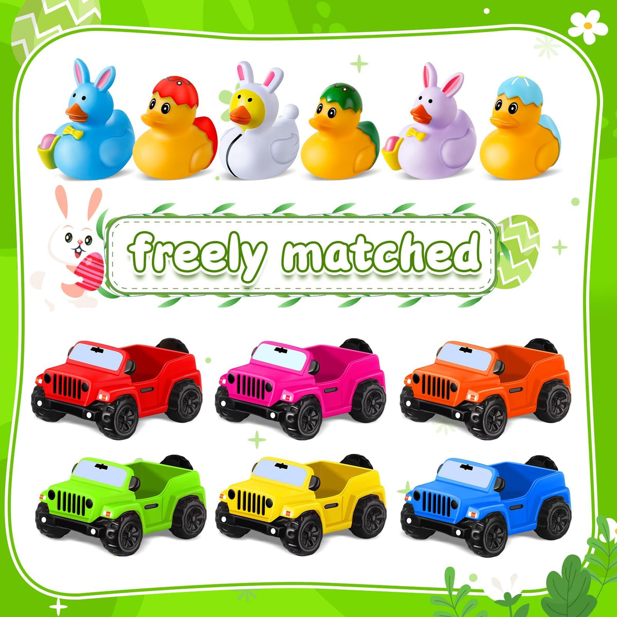 ANGGIKO Easter ducks with off-road vehicles add vibrant color to decor.