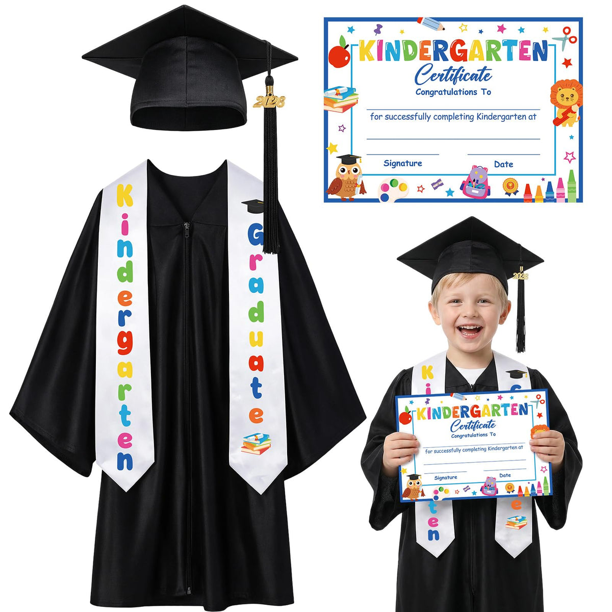 Angirlish kindergarten cap and gown set in black, adjustable cap for comfortable wear.