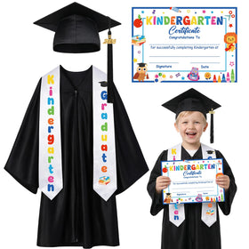 Angirlish kindergarten cap and gown set in black, adjustable cap for comfortable wear.