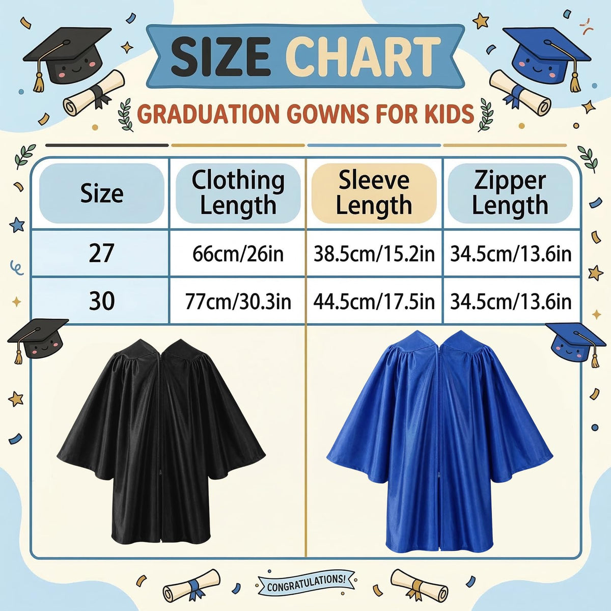 Angirlish gown in soft polyester, breathable for graduation ceremonies.