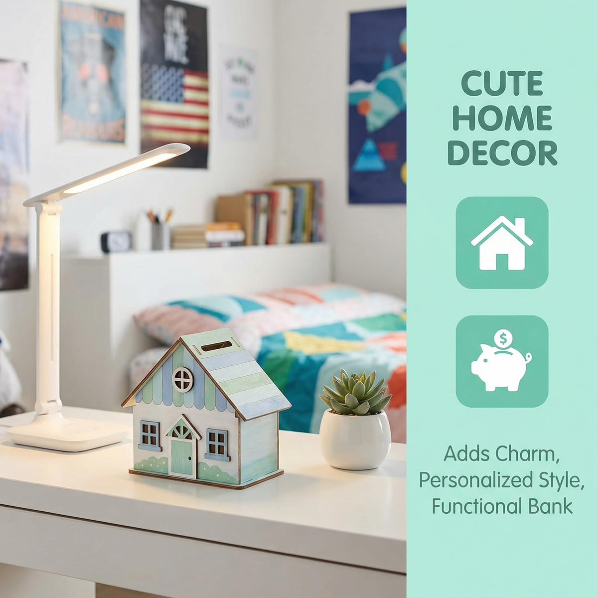 Angoily wooden house piggy bank side view highlighting craft-friendly design