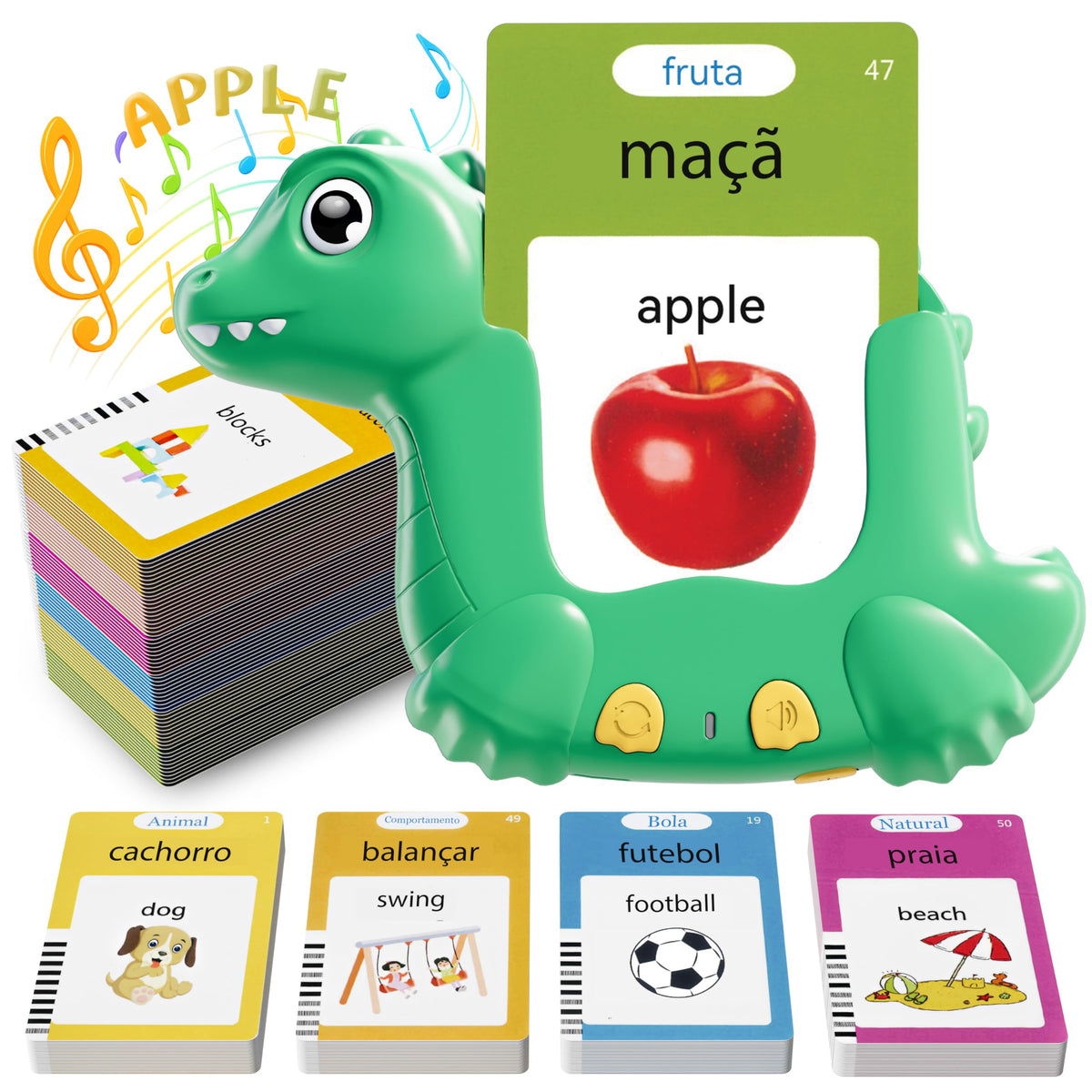 ANhovno dinosaur-shaped flash cards with vibrant images for bilingual vocabulary practice.