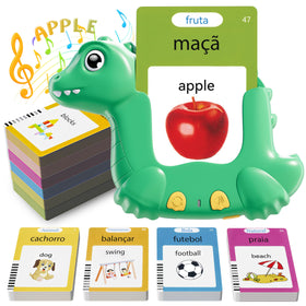 ANhovno dinosaur-shaped flash cards with vibrant images for bilingual vocabulary practice.