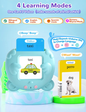 Child using ANhovno flashcards to practice English and Spanish words