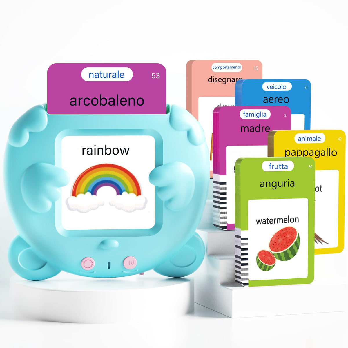 ANhovno talking flash cards with colorful illustrations for engaging bilingual learning.