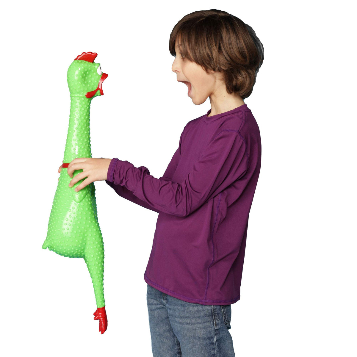 Animolds Giant Rubber Chicken showing the squeak action, perfect for pranks and gifts.