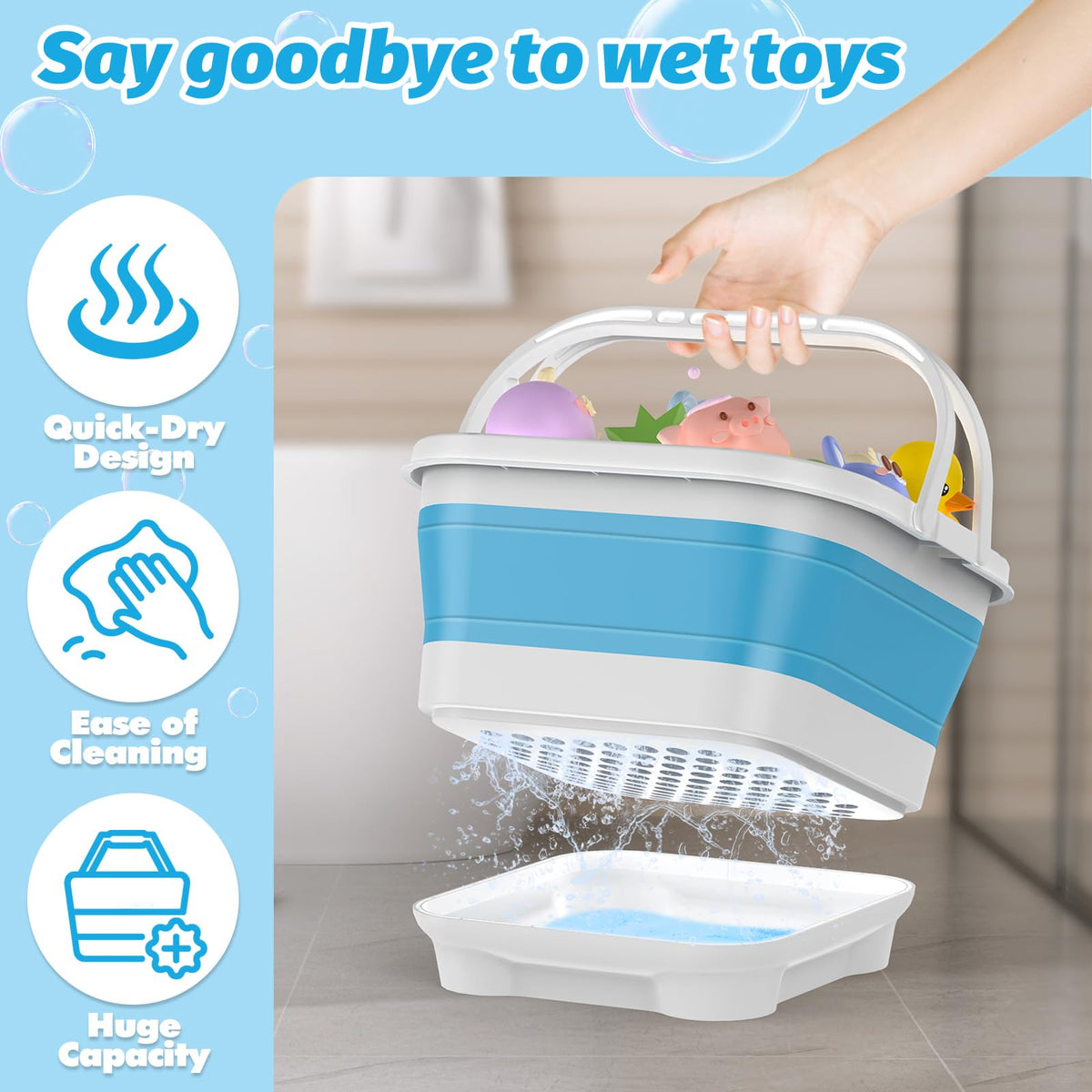 Anivia removable-base bath toy holder shows easy drainage for clutter-free counters.
