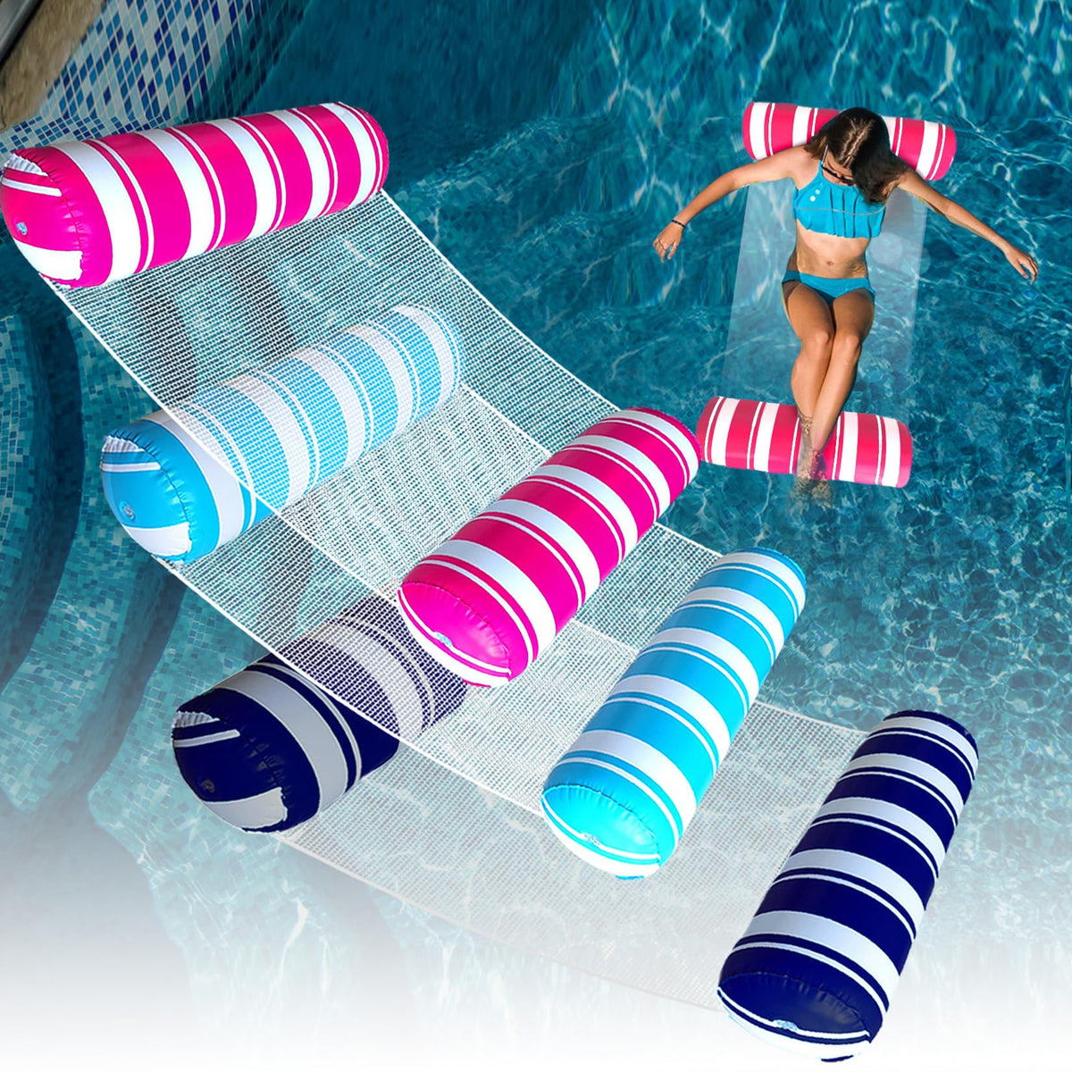 ANNIL blue-white hammock float in pool for relaxing sun-soaked lounging.
