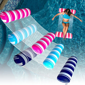ANNIL blue-white hammock float in pool for relaxing sun-soaked lounging.